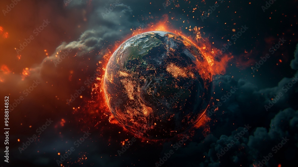 Earth burning and engulfed in flames, signifying a worldwide calamity and a shift in climate Earth burning and engulfed in flames, signifying a worldwide calamity and a shift in climate