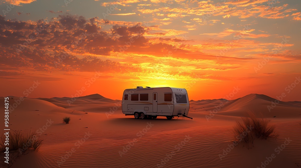 A serene desert sunset with a camper trailer against vibrant skies. A serene desert sunset with a camper trailer against vibrant skies.