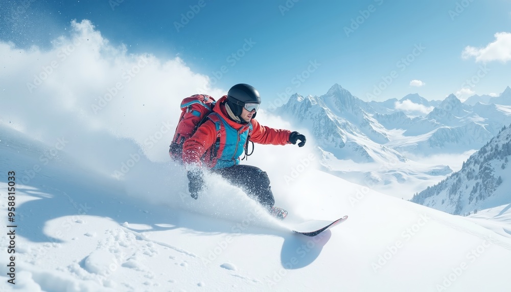 Adventurous snowboarder carves through fresh powder in breathtaking snowy mountains on bright winter day Adventurous snowboarder carves through fresh powder in breathtaking snowy mountains on bright winter day