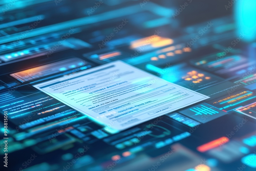 A futuristic workspace featuring a digital interface with paperwork, symbolizing technology and innovation in business.