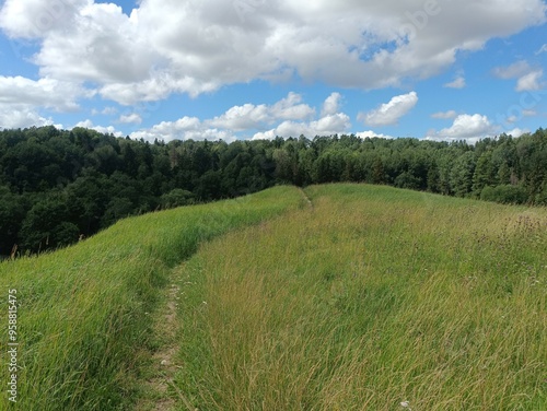 Bubiai hill during sunny day. Small hill. Grass is growing on hill. Staircase leading to the top. Sunny day with white and gray clouds in sky. Nature. Bubiu piliakalnis.