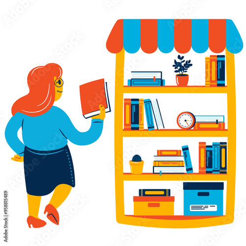 Woman taking a book off a shelf in a bookstore