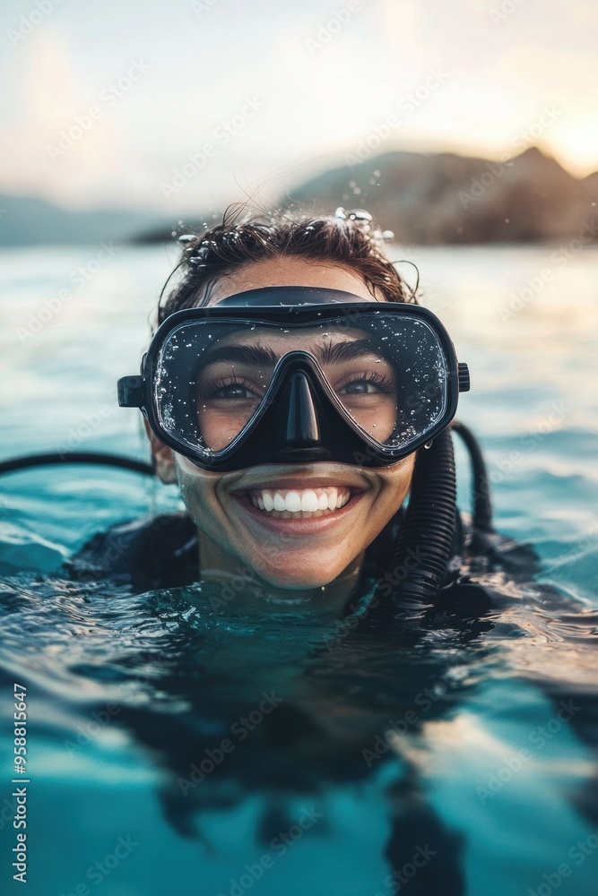 Fototapeta premium Portrait of a smiling female with scuba diving gear in sea water