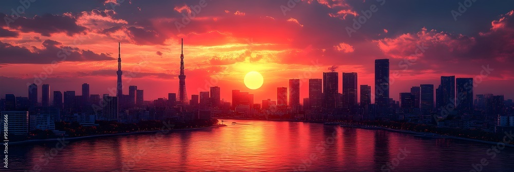 Dramatic Sunset Over the Skyline of a Futuristic Metropolis by the River Dramatic Sunset Over the Skyline of a Futuristic Metropolis by the River