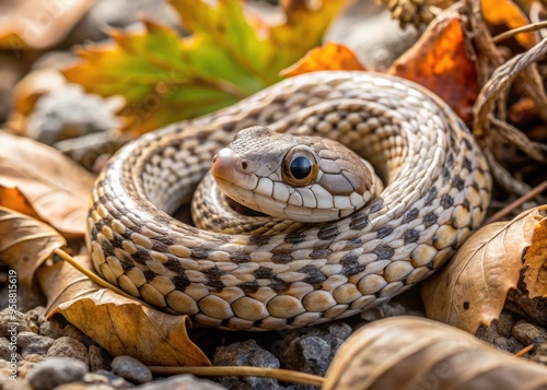 Adorable gray and brown bull snake hatchling curled around a rock, its tiny eyes closed, surrounded by dry leaves and twigs in a natural habitat setting. photo