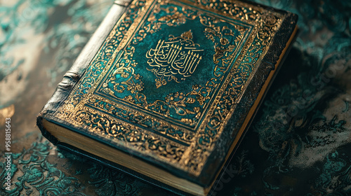 An ornately decorated Islamic holy book placed on an opulently patterned cloth, showcasing intricate designs that highlight the cultural and spiritual richness of the text. photo