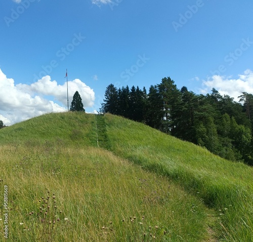 Bubiai hill during sunny day. Small hill. Grass is growing on hill. Staircase leading to the top. Sunny day with white and gray clouds in sky. Nature. Bubiu piliakalnis. photo