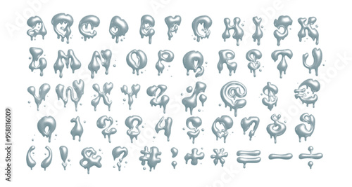3D meting font with fluid abstract bubble shapes of dripping liquid white metal in y2k dotted halftone style. Set of isolated alphabet letters and numbers for typography design. Vector illustration.