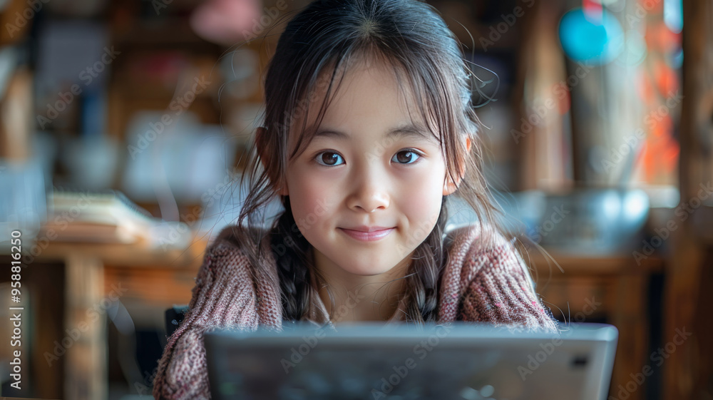 With a laptop in his hand, he is concentrating on his studies. A 10-year-old girl, China, smiling, facing the camera, students With a laptop in his hand, he is concentrating on his studies. A 10-year-old girl, China, smiling, facing the camera, students