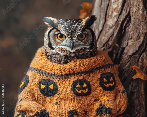 Owl knitting a spooky blanket with Halloween motifs, perched on a haunted tree, Halloween knitting, eerie woodland crafting photo