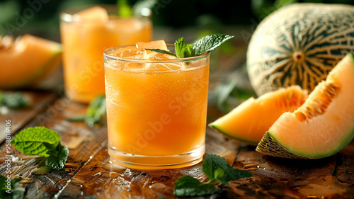 Refreshing melon cocktails garnished with mint on a rustic wooden table photo