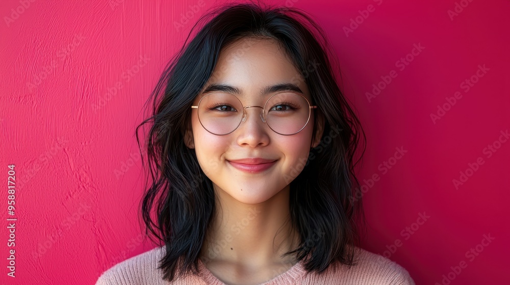 Confident Asian Teen in Round Glasses Standing Against Vibrant Pink Background Confident Asian Teen in Round Glasses Standing Against Vibrant Pink Background