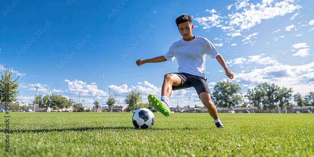 Naklejka premium Young Latino athlete practicing soccer kicks on a grassy field under blue sky
