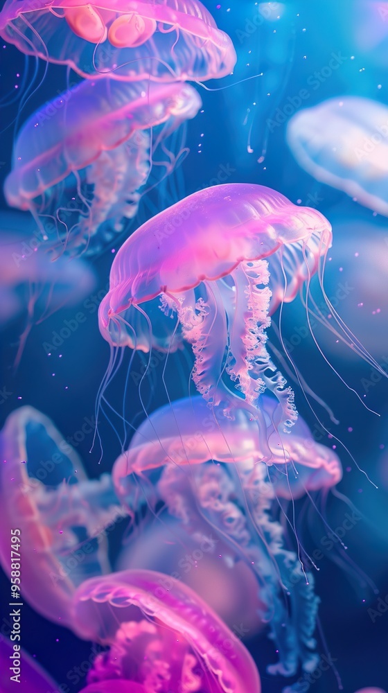 Obraz premium A close-up shot of jellyfish swimming in a blue water tank, illuminated by a soft light. The jellyfish are translucent and have long, trailing tentacles.