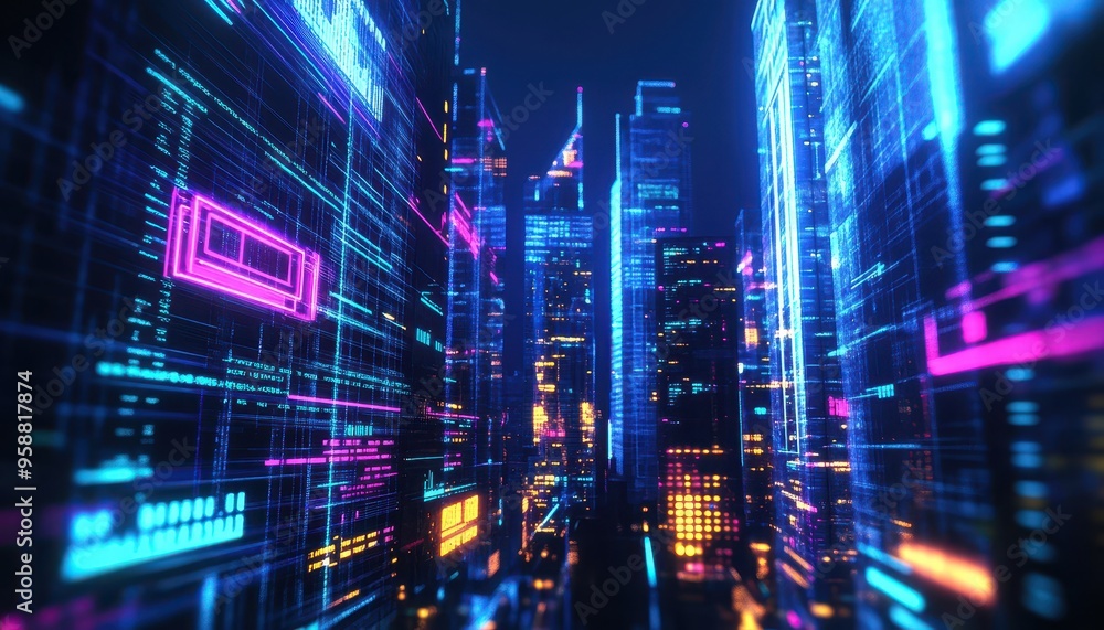 A vibrant, futuristic cityscape illuminated with neon lights and digital elements, showcasing advanced technology and innovation. A vibrant, futuristic cityscape illuminated with neon lights and digital elements, showcasing advanced technology and innovation.