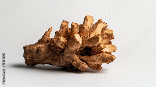 Close-up of a fresh sunchoke tuber on a plain background, showcasing its unique texture and organic pattern. photo