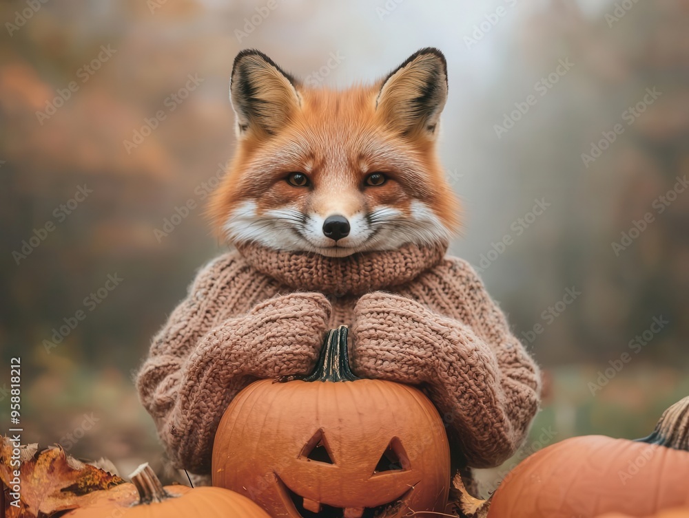Fototapeta premium Fox knitting Halloween-themed mittens in a pumpkin patch, surrounded by fog, Halloween knitting, festive forest craft