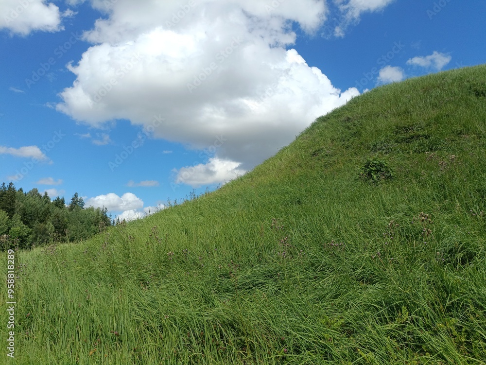 Bubiai hill during sunny day. Small hill. Grass is growing on hill. Staircase leading to the top. Sunny day with white and gray clouds in sky. Nature. Bubiu piliakalnis. Bubiai hill during sunny day. Small hill. Grass is growing on hill. Staircase leading to the top. Sunny day with white and gray clouds in sky. Nature. Bubiu piliakalnis.
