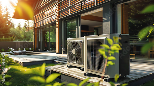 Clean energy, air source heat pump installation for homes. HD image