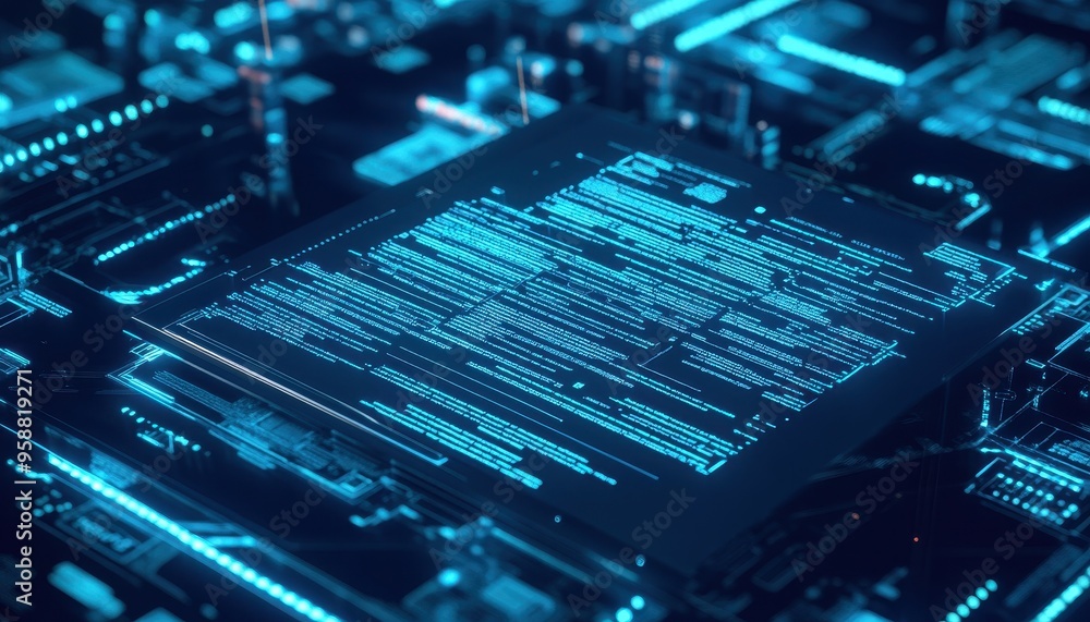 Close-up of a computer chip on a circuit board, showcasing intricate patterns and glowing blue lights in a modern tech environment. Close-up of a computer chip on a circuit board, showcasing intricate patterns and glowing blue lights in a modern tech environment.