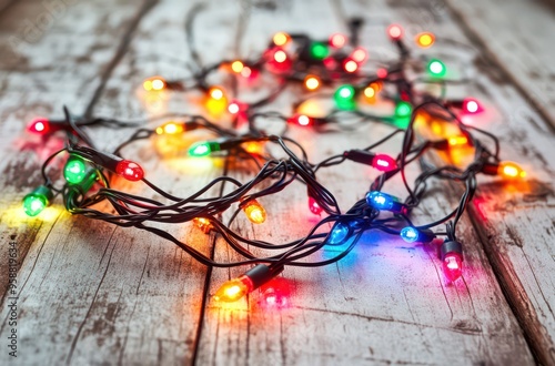 Tangled Christmas Lights on Wooden Surface