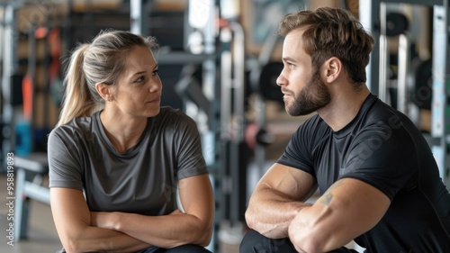 Man and woman having a conversation at the gym.