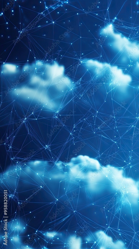 A serene digital landscape featuring clouds and interconnected lines against a blue background, evoking technology and nature. A serene digital landscape featuring clouds and interconnected lines against a blue background, evoking technology and nature.