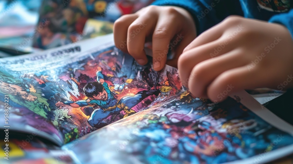 A close-up of a child hands flipping through the pages of a comic book, revealing dynamic action scenes and colorful artwork. A close-up of a child hands flipping through the pages of a comic book, revealing dynamic action scenes and colorful artwork.