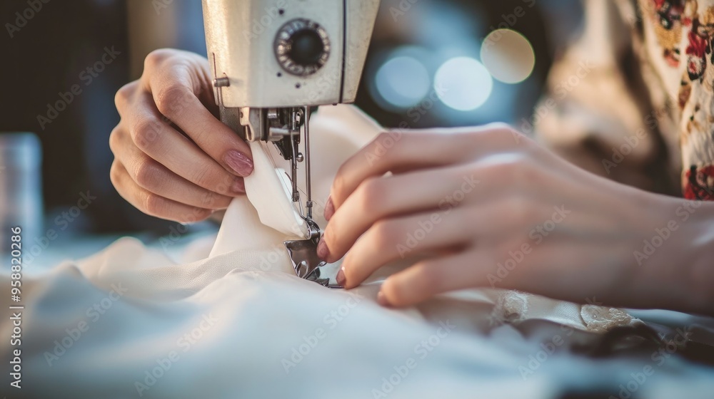 Obraz premium A close-up of a fashion designer's hands sewing a garment, capturing the intricate details and craftsmanship of the fashion industry.