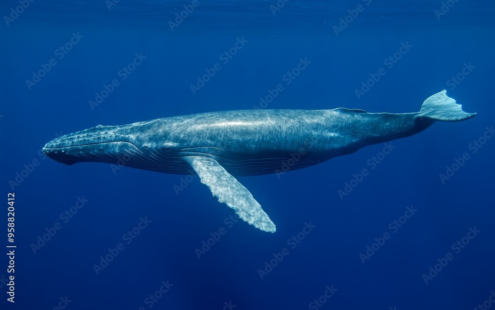 Naklejka premium A massive blue whale glides gracefully through deep blue ocean waters, its long streamlined body and distinctive features clearly visible in the crystal-clear sea