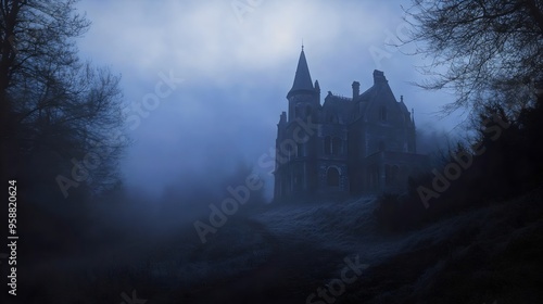 Dark and eerie misty night with an abandoned haunted mansion, perfect for horror-themed designs and creating a spooky, mysterious atmosphere.