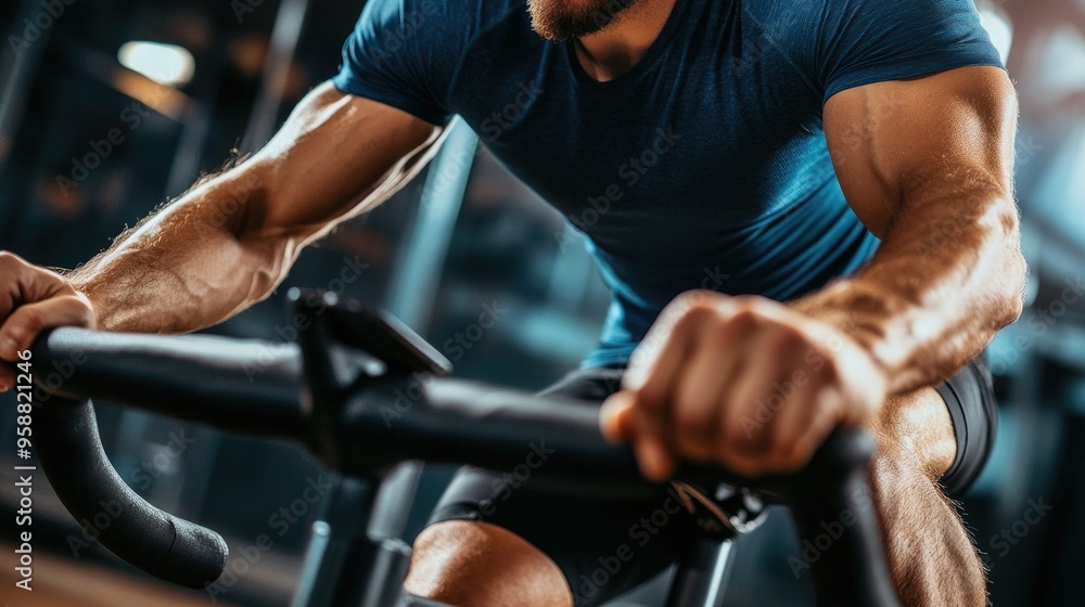 A man cycling on a stationary bike, with a focus on high-intensity interval training (HIIT) for fitness and weight loss. A man cycling on a stationary bike, with a focus on high-intensity interval training (HIIT) for fitness and weight loss.