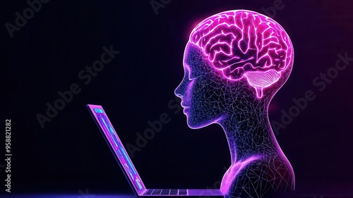 A digital assistant avatar teaching a virtual class about mental health, with floating holographic visuals, futuristic, vibrant lighting