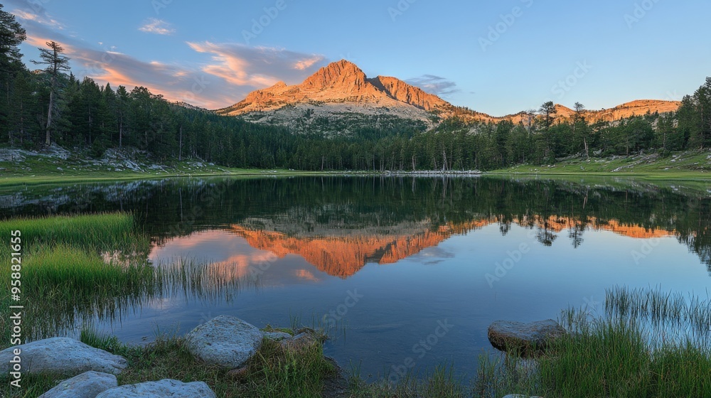 Obraz premium Mountain Reflection in Tranquil Lake at Sunset