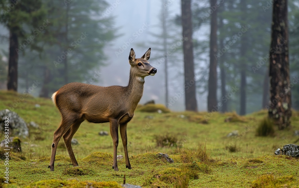 A watchful deer stands in a lush green forest clearing, surrounded by misty pine trees, creating a serene and mystical woodland scene A watchful deer stands in a lush green forest clearing, surrounded by misty pine trees, creating a serene and mystical woodland scene