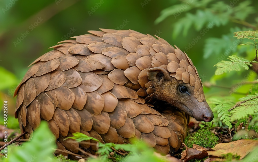 A close-up of a pangolin with its distinctive scaled armor, exploring a mossy forest floor surrounded by ferns and rich green vegetation A close-up of a pangolin with its distinctive scaled armor, exploring a mossy forest floor surrounded by ferns and rich green vegetation