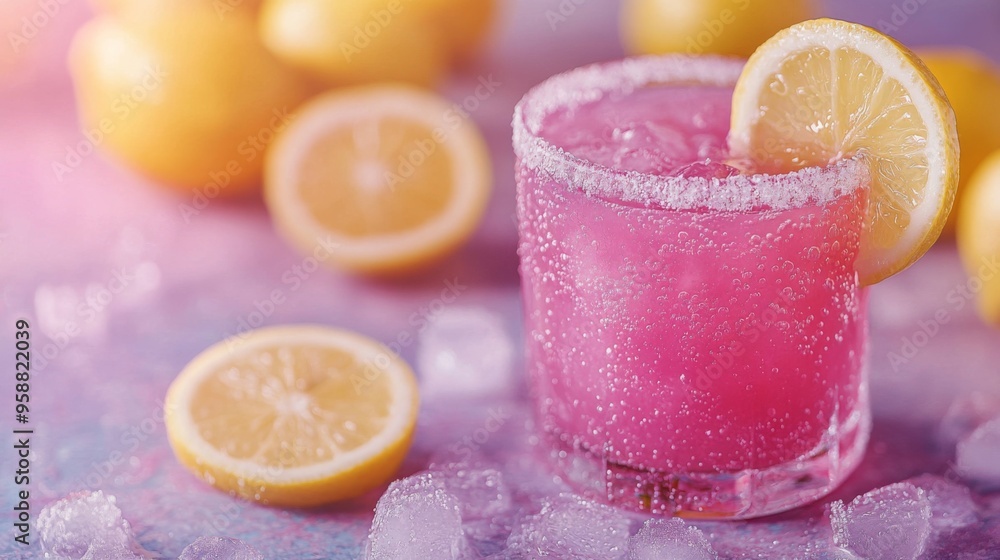 Pink Lemonade Glass with Ice and Lemon Slices