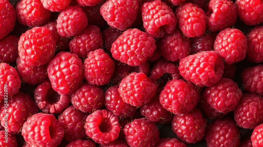 Freshly harvested red raspberries filling a market display, showcasing their vibrant color and appealing texture Freshly harvested red raspberries filling a market display, showcasing their vibrant color and appealing texture