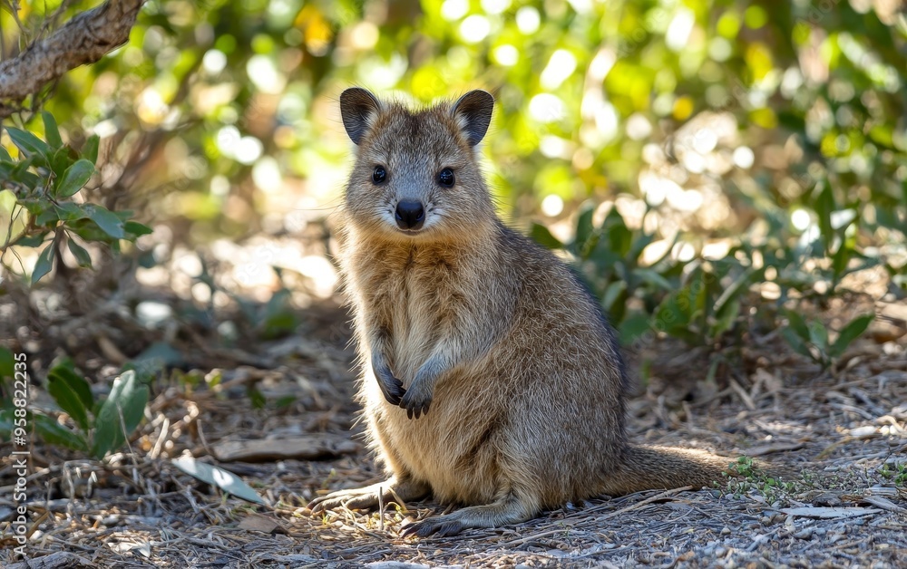 Obraz premium A friendly-looking quokka sits upright on forest ground, surrounded by lush vegetation, its adorable face and small paws capturing the charm of this unique marsupial