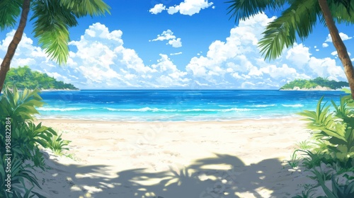 A serene tropical beach view with turquoise waters and fluffy clouds, framed by lush greenery during a bright sunny day