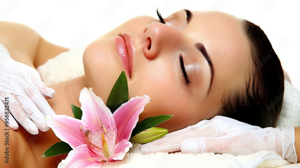 woman enjoys a serene spa treatment with her eyes closed, holding a soft pink lily flower. Her relaxed expression and the gentle flower enhance the peaceful and luxurious spa experience, woman enjoys a serene spa treatment with her eyes closed, holding a soft pink lily flower. Her relaxed expression and the gentle flower enhance the peaceful and luxurious spa experience,