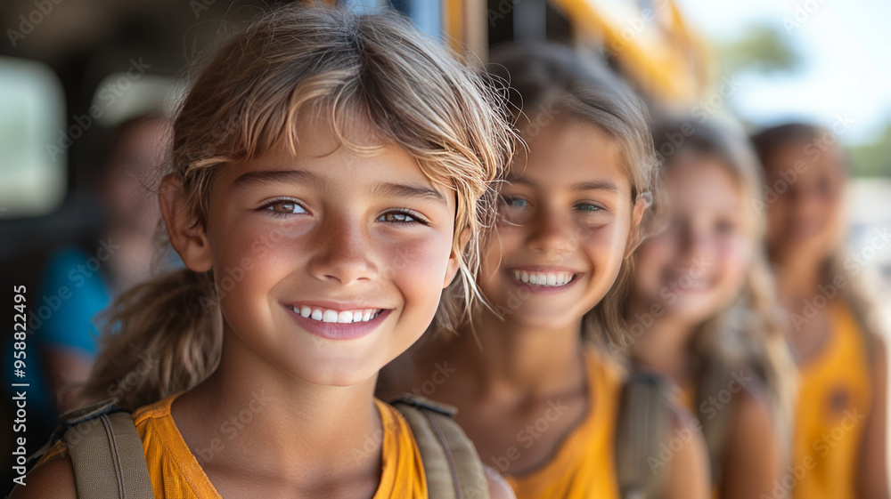 Children eagerly chatting while waiting in line to board their designated bus, epitomizing the sense of camaraderie and excitement surrounding back to school season Children eagerly chatting while waiting in line to board their designated bus, epitomizing the sense of camaraderie and excitement surrounding back to school season