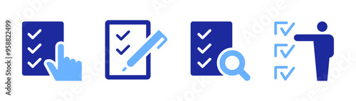 Checklist Vector icon Collection. Clipboard with checkmarks, Document Selection, Checkbox on paper icons. Dual Color Flat Vector illustration
