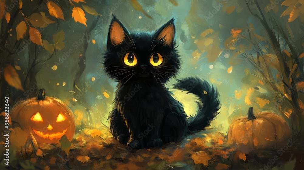Black Cat in Enchanted Forest with Pumpkins Black Cat in Enchanted Forest with Pumpkins