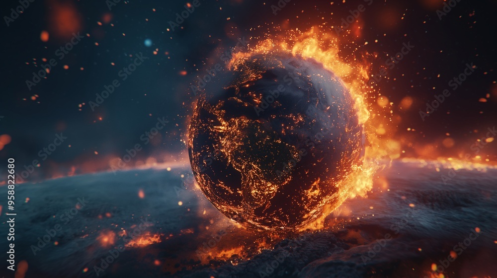 Fototapeta premium Earth burning and engulfed in flames, signifying a worldwide calamity and a shift in climate