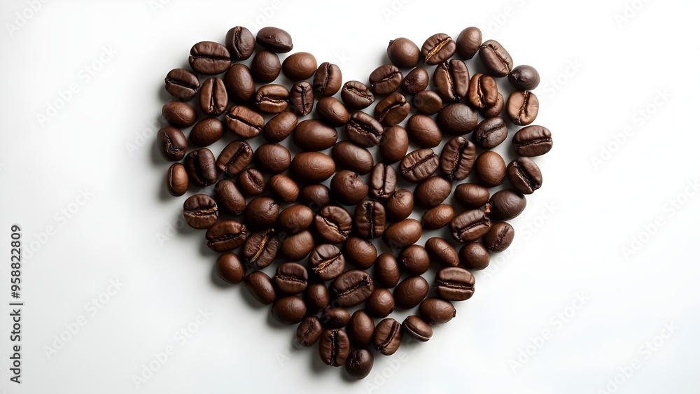 Roasted coffee beans in the shape of a heart caffeine beverage espresso on a white background love for fresh aroma Roasted coffee beans in the shape of a heart caffeine beverage espresso on a white background love for fresh aroma