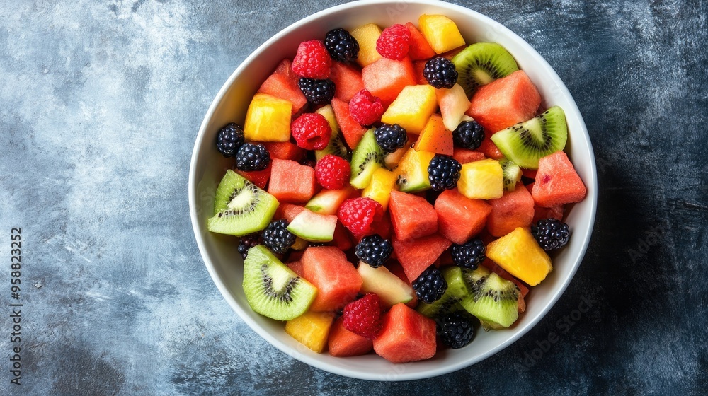An overhead shot of a fruit salad bowl filled with a colorful mix of diced watermelon, kiwi, and berries, capturing the freshness and variety of summer fruits. An overhead shot of a fruit salad bowl filled with a colorful mix of diced watermelon, kiwi, and berries, capturing the freshness and variety of summer fruits.