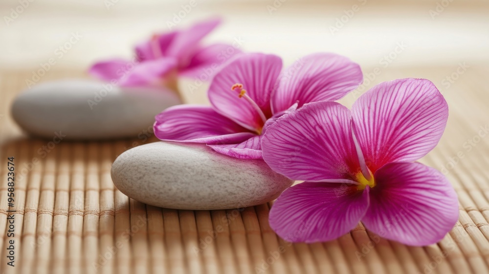 Relaxing pink flowers placed on smooth stones atop a bamboo mat creates a tranquil atmosphere in a wellness setting Relaxing pink flowers placed on smooth stones atop a bamboo mat creates a tranquil atmosphere in a wellness setting