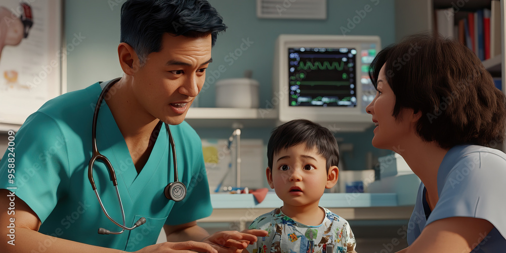 Eager Asian doctor in scrubs, showing stethoscope to concerned parent and child in hospital room Eager Asian doctor in scrubs, showing stethoscope to concerned parent and child in hospital room