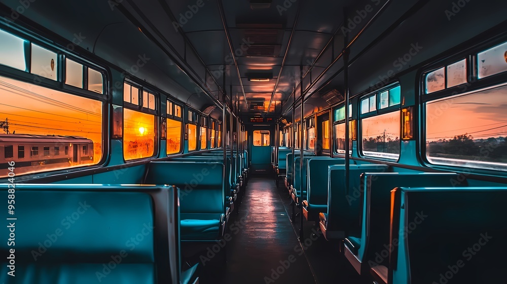 Empty bus interior with sunset views illuminating the surroundings. Empty bus interior with sunset views illuminating the surroundings.